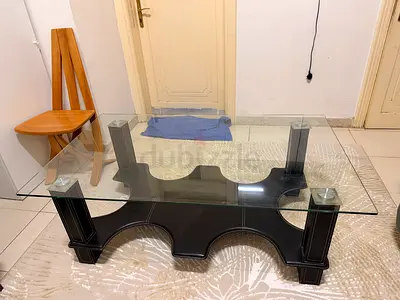 Glass Top Coffee Table with Black Wood Base - Good Condition