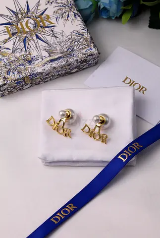 Dior Gold Logo Pearl Stud Earrings with Original Box