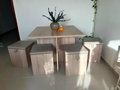 Compact Oak Finish Drop-Leaf Dining Table with 4 Storage Stools