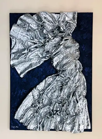 Textured Metallic Abstract Wall Art - Silver Draped Form on Deep Blue