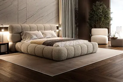 Modern Plush Upholstered Low Platform Bed with Curved Headboard - Beige