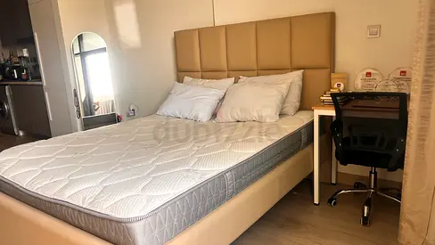 Queen size bed with upholstered headboard and high quality mattress (used)