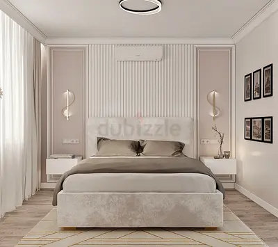 Minimalist upholstered double bed with matching bedside units (set) - good condition