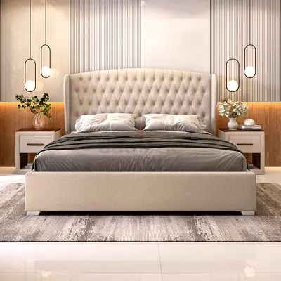 Customize Beige Tufted King Bed with Low Profile  Frame