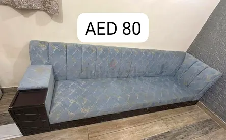 Urjant Sale upholstered sofa with wooden armrest storage — used, good condition