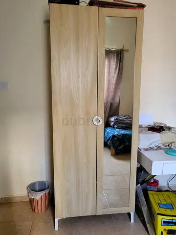 Ikea Slim Wooden Wardrobe with Full-Length Mirror - Light Oak