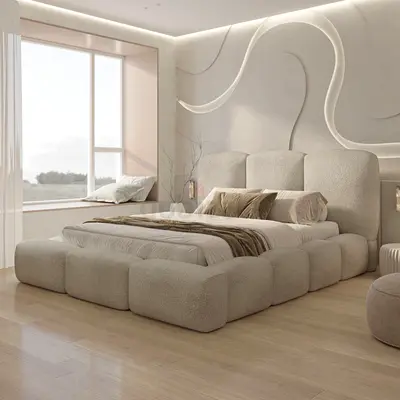 Modern Plush Low-Profile Upholstered Bed with Padded Base (Beige)