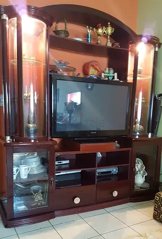 Large Wooden Entertainment Center with Display Cabinets and Shelves and lights