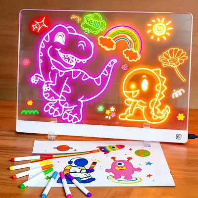 LED Light-Up Drawing Board with Markers — Kids Doodle Panel (Dinosaur Theme)