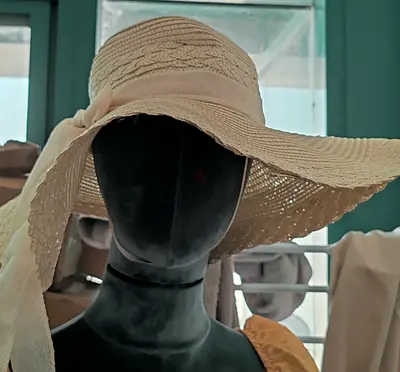 Beige Wide-Brim Sun Hat with Ribbon - Lightly Used