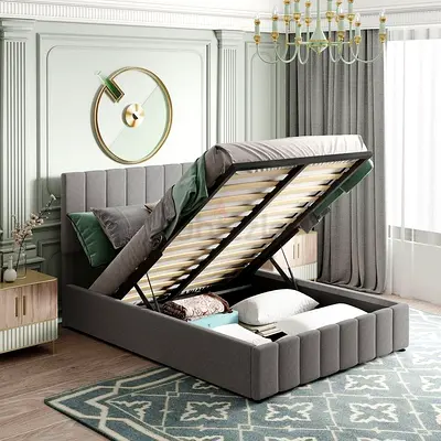 Upholstered Storage Bed with Gas Lift - Queen Size, Grey