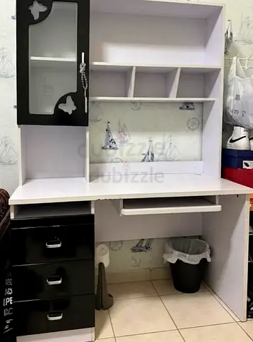 White Study Desk with Overhead Shelves and 3-Drawer Cabinet