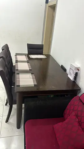 Dark Wood 6-Seater Dining Table with Upholstered Chairs - Good Condition