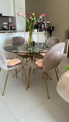 Glass Round Dining Table with 4 Velvet Chairs (Gold Legs)