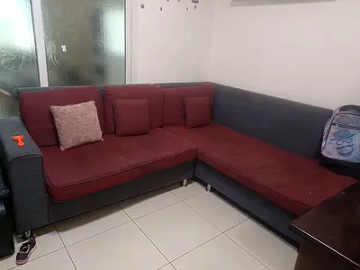 L-shaped 3-seater Corner Sofa in Grey  Maroon - Good Condition