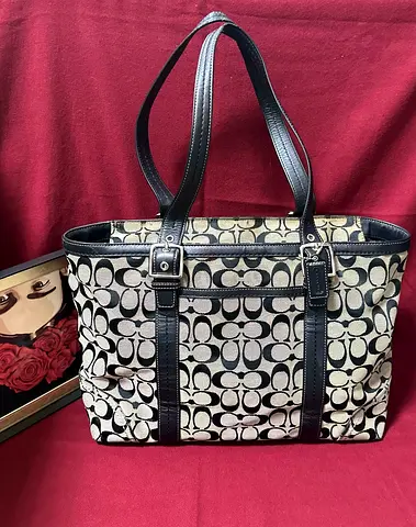 Coach Signature Canvas Tote Bag with Leather Trim