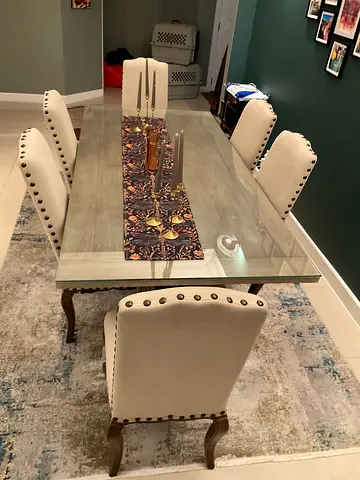 Pottery Barn Solid Wood Dining Table with 6 Upholstered Studded Chairs