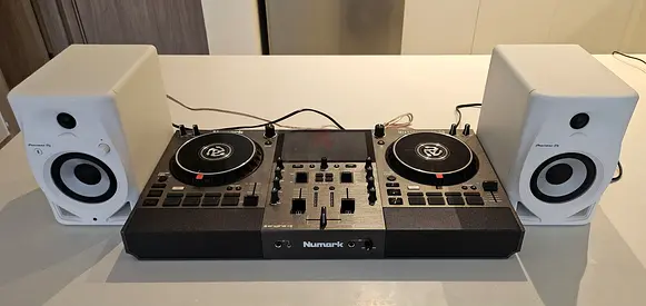 Numark MixStream Progo DJ Controller with Pair of Bluetooth Pioneer White Studio Monitors