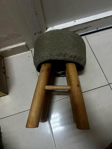 Small Round Wooden Stool with Upholstered Seat
