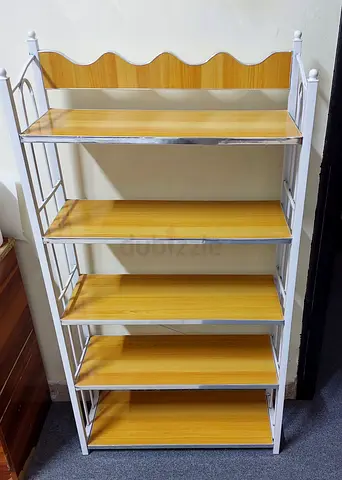 5-Tier Wooden Shelving Unit with White Metal Frame - Good Condition