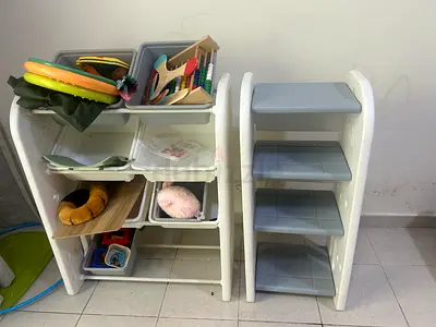 Kids toy storage shelves with bins and step stool - used