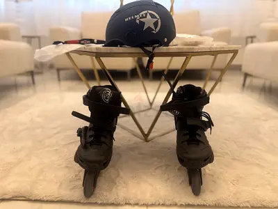 Kids inline roller skates with helmet - black, good condition