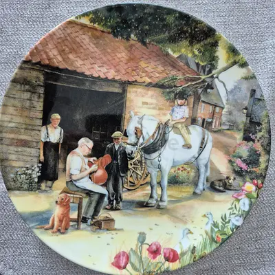 Decorative Vintage-Style Collectible Plate with Countryside Stable Scene