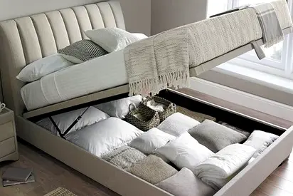 Beige Upholstered Hydraulic Storage Bed - Queen Size