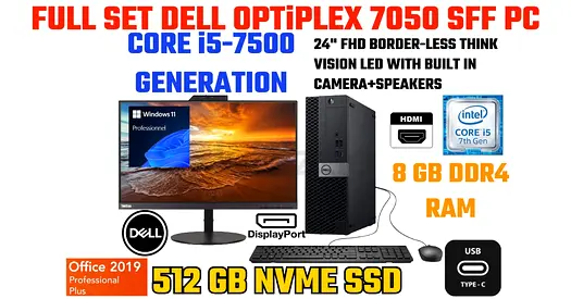 FULL SET Dell OptiPlex 7050 SFF-intel CORE i5-7th Genration-8GB RAM-512GB NVME SSD-WIN 11-24” SCREEN