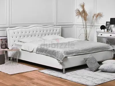 White Upholstered King Size Bed Frame with Button-Tufted Headboard