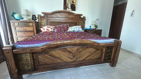 Solid Wooden King Bed with Carved Headboard and Footboard - Good Condition