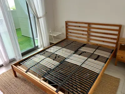 Bed + Bedside Table + Light