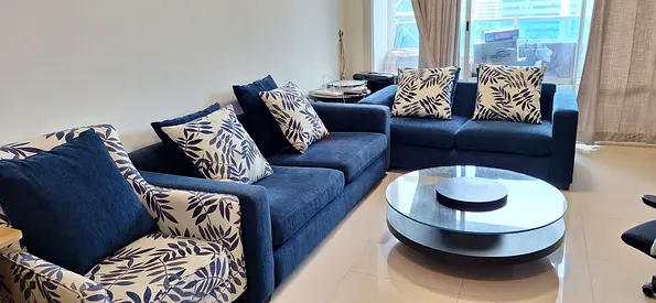 Blue Fabric Large 5-Seater Sofa Set with Patterned Accent Chairs — Good Condition