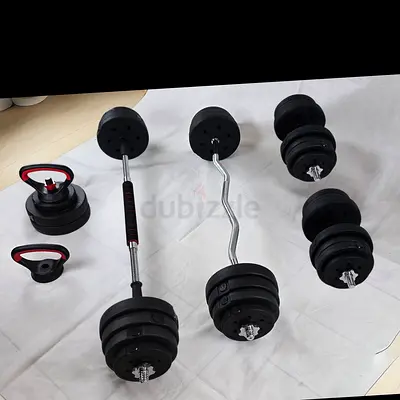 40KG DUMBBELL SET, CURL BAR, BArBELL, KETTLEBELL CONNECTORS