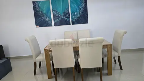 Solid Wood Dining Table with 6 Cream Upholstered Chairs - Good Condition