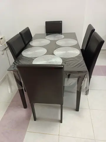 6-Seater Dining Table with Faux Leather Chairs - Dark Wood