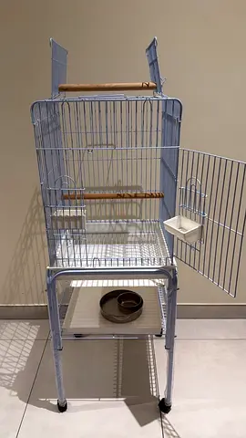 Medium metal bird cage with stand, perches and feeders