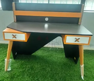 Modern Wooden Study Desk with Drawers and Back Shelf