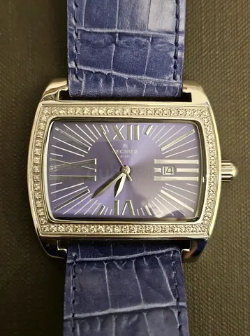 Elegant Rectangular Womens Watch with Blue Dial and Crystal Bezel