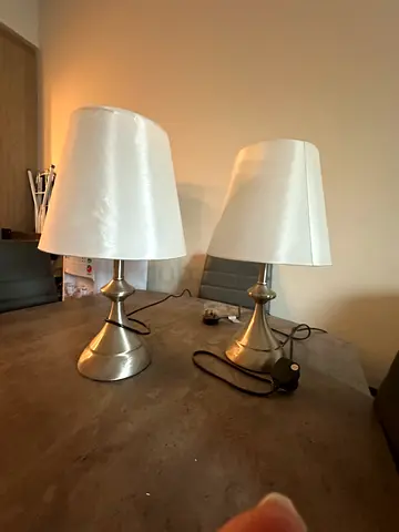 Pair of modern silver table lamps with white shades - good condition