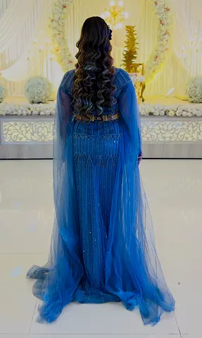 Blue Embellished Evening Gown with Sheer Cape - Size Unknown