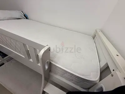 White Wooden Double Story Solid Bed Frame with Spring Mattress - Good Condition