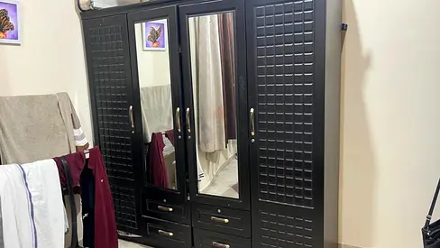 Black 4-Door Wardrobe with Mirror and Drawers - Good Condition