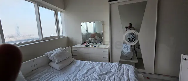 White bedroom set: bed, dresser with mirror and wardrobe - good condition