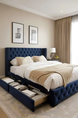 Tufted upholstered king bed with under-storage drawers - navy blue