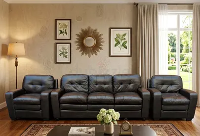 Dark brown leather 3-seater sofa with two matching armchairs