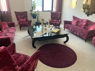 Maroon Floral Velvet 3-Seater Sofa Set with Armchairs and 3 Coffee Table