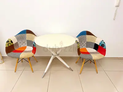 Set of 2 Patchwork Accent Chairs with Round Table.