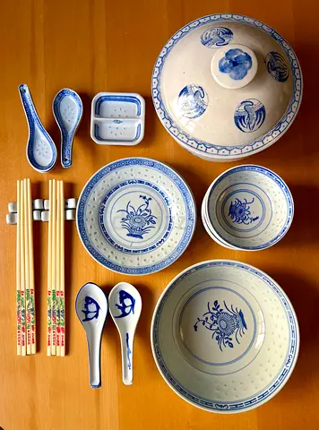 Blue  White Chinese Bowl and Tableware Set - 11 Pieces