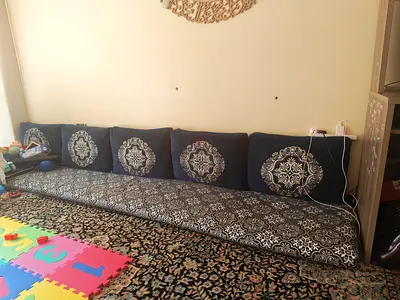 Large Floor Seating Sofa Set (Majlis Style) - Dark Patterned Fabric, Good Condition. FaBric changed.